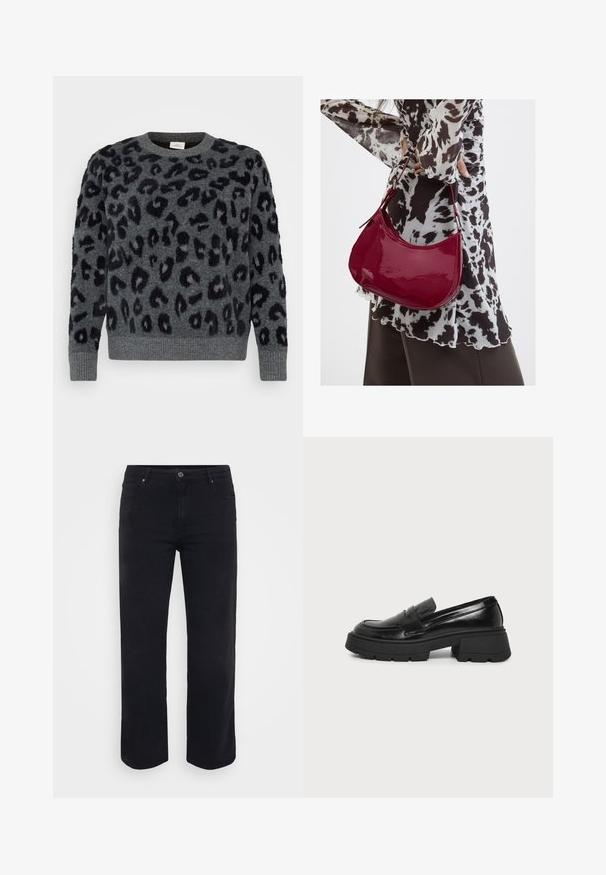 Grauer Pullover mit schwarzen Leopardenflecken, mit Rundhalsausschnitt und gerippten Säumen, aus einem weichen, strukturierten Material.; Schwarze Denim-Jeans mit einem geraden Bein-Design. Merkmale sind ein Knopfverschluss an der Taille, Gürtelschlaufen und Vorder-/Gesäßtaschen. Glatte Textur.; Schwarzer Lederloafer mit klobiger Plateausohle und niedrigem Blockabsatz, sichtbares Seitenprofil auf schlichtem hellem Hintergrund.; Frau trägt eine schwarz-weiß gemusterte Bluse und hält eine glänzende rote Schultertasche vor einem einfarbigen Hintergrund.