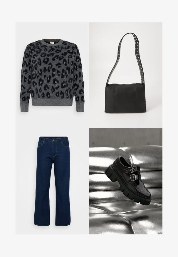 Grauer Pullover mit schwarzen Leopardenflecken, mit Rundhalsausschnitt und gerippten Säumen, aus einem weichen, strukturierten Material.; Dunkelblaue Denim-Jeans mit geradem Schnitt, ausgestattet mit einem Reißverschluss, fünf Taschen und sichtbaren Nähten.; Schwarzer Schuh mit klobiger Sohle und doppelten silbernen Schnallen, der über einer glänzenden metallisch silbernen, gesteppte Oberfläche schwebt.; Schwarze Lederhandtasche in rechteckiger Form, mit einem durchgängigen Reißverschluss und einem gepunkteten Tragegurt. Glatte Textur, minimale Nähdetails.