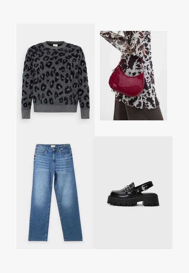 Grauer Pullover mit schwarzen Leopardenflecken, mit Rundhalsausschnitt und gerippten Säumen, aus einem weichen, strukturierten Material.; Blaue Jeans mit geradem Bein, fünf Taschen, Knopf- und Reißverschluss, Frontfading und ohne sichtbare Gebrauchsspuren, flach auf weißem Hintergrund liegend.; Schwarze Plateausandalen aus glänzendem Leder, mit einem Schnallenriemen und einer strukturierten, dicken Sohle mit ausgeprägten Rillen.; Frau trägt eine schwarz-weiß gemusterte Bluse und hält eine glänzende rote Schultertasche vor einem einfarbigen Hintergrund.