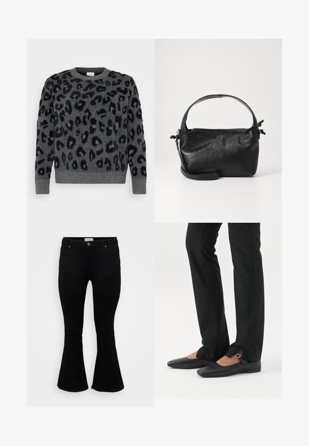 Pull gris avec taches de léopard noires, doté d'un col ras du cou et de poignets côtelés, fabriqué dans un matériau doux et texturé.; Jeans évasés noirs en denim doux, avec une taille cintrée, des poches avant et un ourlet évasé pour un ajustement décontracté.; Jambes vêtues d’un pantalon slim noir avec des fentes à l’avant de l’ourlet, assorties à des chaussures plates Mary Jane noires avec une petite bride à boucle.; Sac à main en cuir noir au design structuré, avec une poignée arrondie et une bandoulière amovible. Présente une texture lisse et un éclat subtil.