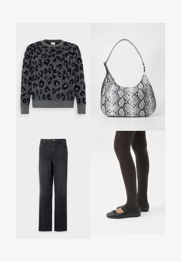 Grauer Pullover mit schwarzen Leopardenflecken, mit Rundhalsausschnitt und gerippten Säumen, aus einem weichen, strukturierten Material.; Schwarze Jeans mit geradem Bein, Vordertaschen und Gürtelschlaufen, vor weißem Hintergrund dargestellt.; Beine in dunklen, gerippten Leggings kombiniert mit schwarzen Ballerinas mit kleinen Schleifendetails auf weißem Hintergrund.; Schultertasche im schwarz-weißen Schlangenprint mit runder Form, glatter Textur und gebogenem Tragegurt. Mit einem silbernen Hardware-Akzent.