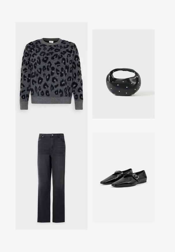 Pull gris avec taches de léopard noires, doté d'un col ras du cou et de poignets côtelés, fabriqué dans un matériau doux et texturé.; Jean noir à jambe droite avec poches avant et passants de ceinture, présenté sur un fond blanc uni.; Paire de chaussures plates en cuir verni noir à bouts pointus avec une bride à boucle sur le dessus, montrée sur un fond clair uni.; Sac à main en cuir noir de forme arrondie, décoré de clous argentés et équipé d'une poignée courte. Texture lisse et fermeture éclair.
