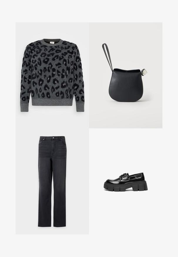 Grauer Pullover mit schwarzen Leopardenflecken, mit Rundhalsausschnitt und gerippten Säumen, aus einem weichen, strukturierten Material.; Schwarze Jeans mit geradem Bein, Vordertaschen und Gürtelschlaufen, vor weißem Hintergrund dargestellt.; Schwarze Lacklederloafer mit einer robusten schwarzen Plattformsohle und dekorativen Ösen. Glatte Textur mit runder Zehenpartie und Schnürdetail.; Schwarze Leder-Handgelenktasche mit abgerundetem Boden und silbernem Verschluss auf schlichtem weißem Hintergrund.