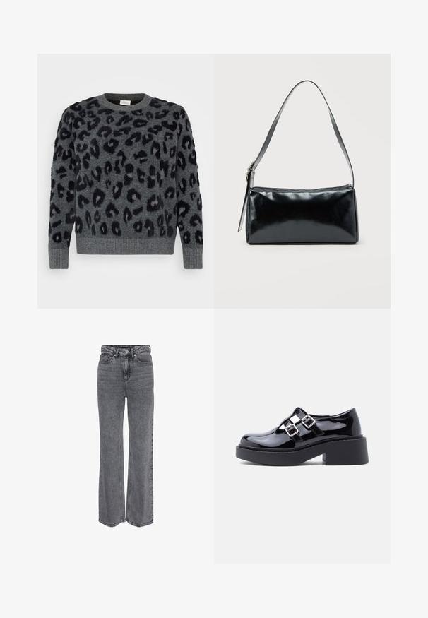 Grauer Pullover mit schwarzen Leopardenflecken, mit Rundhalsausschnitt und gerippten Säumen, aus einem weichen, strukturierten Material.; Graue Denim-Jeans mit hoher Taille und geradem Bein, vorne mit Knöpfen und Reißverschluss sowie klassischem Fünf-Taschen-Design.; Schwarze Plateau-Schuhe aus Lackleder mit breitem Absatz, Ausschnitt-Design und zwei silbernen Schnallenakzenten über dem Spann. Flache Gummisohle.; Schwarze rechteckige Schultertasche mit einem verstellbaren Riemen und einem oberen Reißverschluss vor einfachem Hintergrund.
