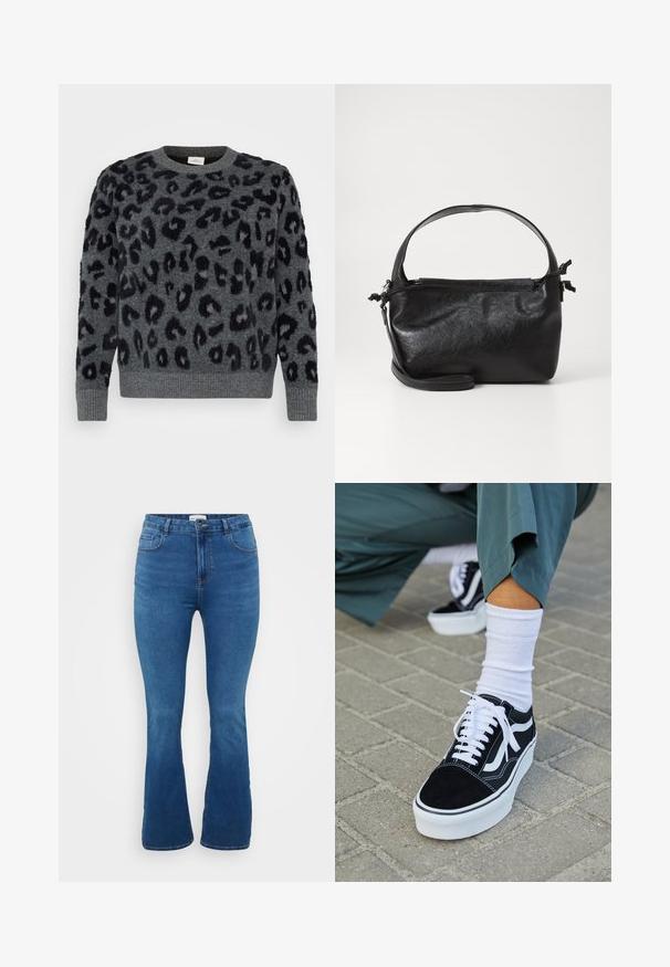 Grauer Pullover mit schwarzen Leopardenflecken, mit Rundhalsausschnitt und gerippten Säumen, aus einem weichen, strukturierten Material.; Jeans mit Weitbein-Design in Mittelblau, mit hoher Taille, Fronttaschen und einer glatten Textur mit minimalen Nahtdetails.; Schwarze Wildledersneaker mit weißen Akzenten und Schnürsenkeln, ausgestattet mit einer dicken weißen Sohle und kontrastierenden Nähten, kombiniert mit einer weißen Socke.; Schwarze Lederhandtasche mit strukturiertem Design, rundem Haltegriff und abnehmbarem Schulterriemen. Sie weist eine glatte Oberfläche und einen subtilen Glanz auf.