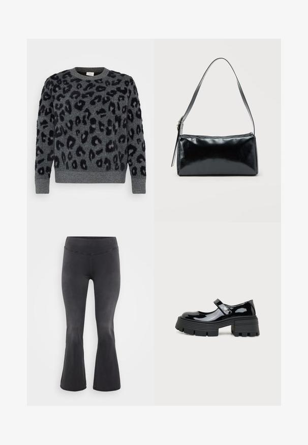 Pull gris avec taches de léopard noires, doté d'un col ras du cou et de poignets côtelés, fabriqué dans un matériau doux et texturé.; ONLY Carmakoma Flared fit CARROYAL Mid waist - Jean flare - washed black; Chaussure Mary Jane en cuir verni noir avec semelle plateforme épaisse et détail en forme de cœur sur la bride, vue de profil sur fond blanc.; Sac d'épaule rectangulaire noir avec une sangle réglable unique et une fermeture éclair supérieure sur un fond uni.