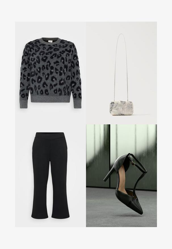 Pull gris avec taches de léopard noires, doté d'un col ras du cou et de poignets côtelés, fabriqué dans un matériau doux et texturé.; Pantalons évasés noirs avec une texture lisse et extensible. Dotés d'une large ceinture et d'accents côtelés sur les poches latérales.; Chaussure à talon haut en cuir noir avec bout pointu et bride à la cheville, suspendue au-dessus d'une surface grise avec des panneaux en verre dépoli en arrière-plan.; Pochette rectangulaire argentée ornée de perles avec motifs floraux et une longue bandoulière fine en chaîne argentée, présentée sur un fond uni.