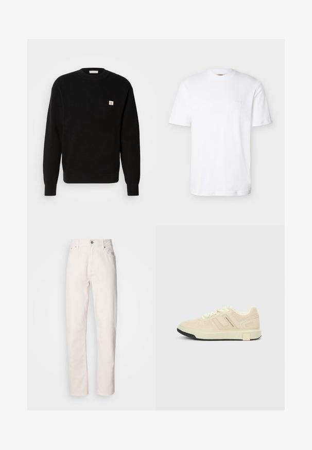 Suéter negro de punto con textura de canalé, cuello redondo y un pequeño parche de logo blanco y rojo en el lado izquierdo del pecho. Corte clásico con mangas largas.; Camiseta blanca lisa de manga corta con cuello redondo y logo "BOSS" sutilmente en relieve en el lado izquierdo del pecho.; Jeans de denim blanco de pierna recta con cierre de botón y cremallera, lazos para cinturón y bolsillos delanteros y traseros, mostrados sobre un fondo liso.; Zapatilla beige con parte superior de ante texturizado y detalles perforados. Cordones blancos, branding sutil en el lateral y suela de goma negra.