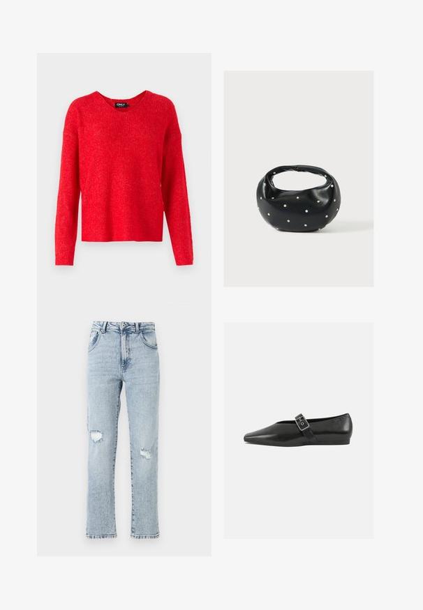 ONLY ONLCAMILLA V-NECK L/S PULLOVER KNT NOOS - Pullover - true red; Jean en denim bleu clair avec une coupe décontractée, présentant deux déchirures au niveau des genoux, cinq poches et un ourlet effiloché. Fermeture à bouton et à glissière.; Chaussure plate en cuir noir avec un orteil pointu, présentant une sangle à boucle métallique sur le cou-de-pied et une semelle basse et flexible.; Sac à main en cuir noir de forme arrondie, décoré de clous argentés et équipé d'une poignée courte. Texture lisse et fermeture éclair.