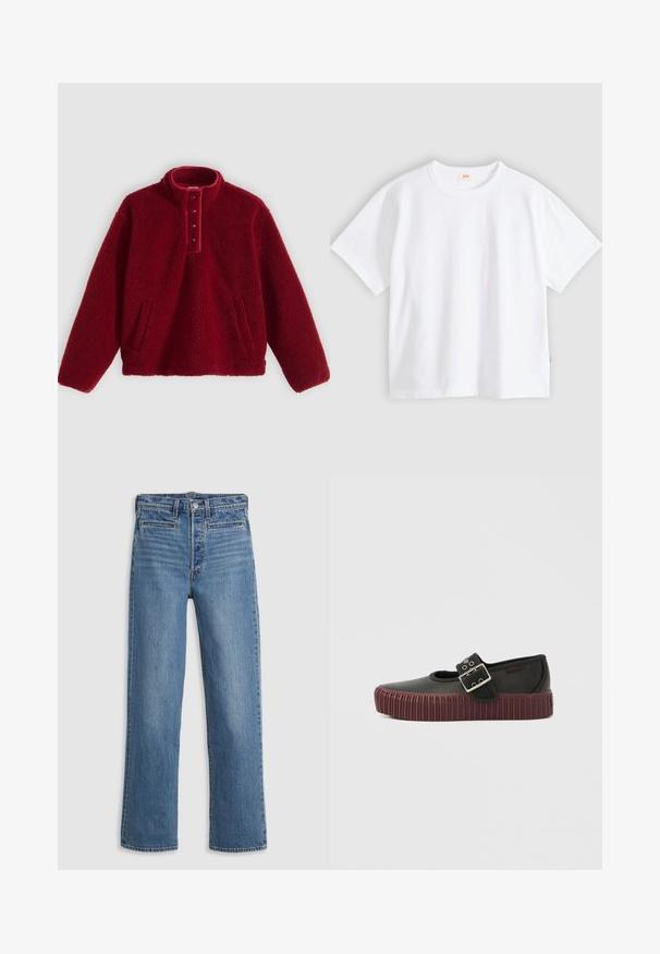 Rode fleece pullover met een hoge kraag en een vierknopsbies, voorzien van twee zijzakken en een zachte, textuurrijke oppervlakte.; Wit katoenen t-shirt met korte mouwen, ronde hals, losse pasvorm, gladde textuur en een klein logolabel aan de linker zijnnaad.; Lichtblauwe, straight-leg jeans van denim. Kenmerken zijn onder andere een knoopsluiting, vijf zakken en subtiele vervaging. Geen versieringen of patronen.; Zwarte instapschoen met een afgerond ontwerp, voorzien van een opvallende gesp en een geribbelde bordeauxrode buitenzool. Gladde lederen textuur.