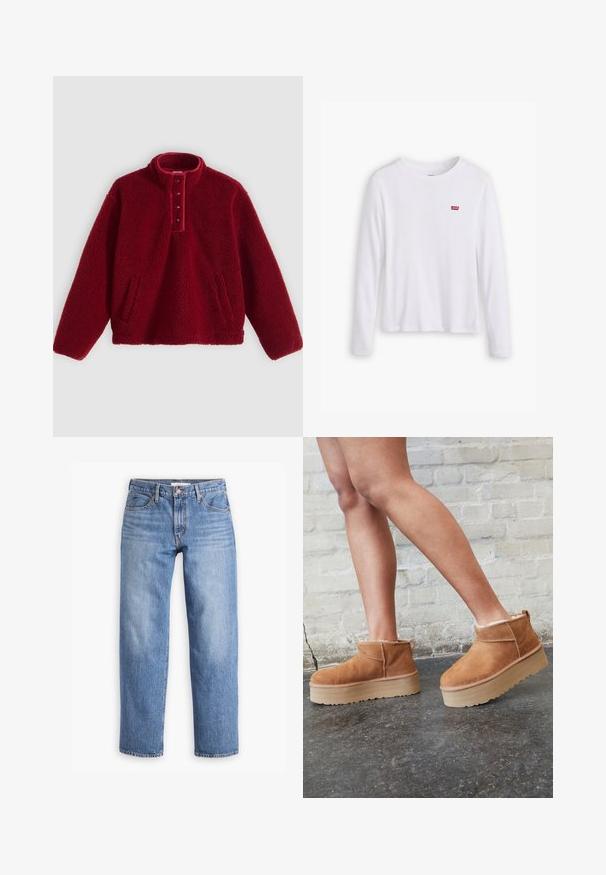Rode fleece pullover met een hoge kraag en een vierknopsbies, voorzien van twee zijzakken en een zachte, textuurrijke oppervlakte.; Witte lange mouwen shirt van zachte katoen. Bevat een klein rood Levi's logo op de linkerborst. Klassiek ronde hals ontwerp.; Lichtblauwe denim jeans met een rechte pasvorm, vijf zakken en een ritssluiting. De stof heeft een klassieke textuur met een lichte vervaging.; Bruine suède enkelboots met een zachte voering, dikke beige plateauzool en een achterste lus. Getextureerde oppervlakte met zichtbare stiksels.