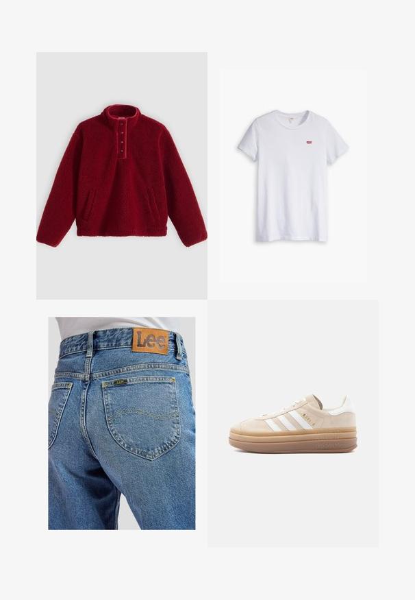 Rode fleece pullover met een hoge kraag en een vierknopsbies, voorzien van twee zijzakken en een zachte, textuurrijke oppervlakte.; Witte katoenen t-shirt met korte mouwen en een ronde hals. Bevat een klein rood Levi's-logo op de linkerborst.; Blauwe spijkerbroek met achterzakken met gele stiksels en een bruin leren Lee-merkpatch op de tailleband.; Beige suède sneaker met witte leren accenten, voorzien van drie witte strepen, een gouden logo en een dikke, doorschijnende rubberen zool.