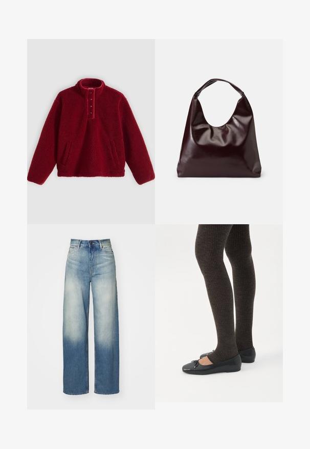 Rode fleece pullover met een hoge kraag en een vierknopsbies, voorzien van twee zijzakken en een zachte, textuurrijke oppervlakte.; Lichtblauwe wijdvale jeans met een hoge taille, gemaakt van denim, voorzien van een vervaagde verloop, vijf zakken en metalen hardwareaccenten.; Benen met donkere geribbelde leggings gecombineerd met zwarte ballerina's met kleine strikdetails op een witte achtergrond.; Bordeaux, glanzende vegan leren totebag met een zachte, sculpturale vorm en een brede, gebogen handgreep voor makkelijk dragen.
