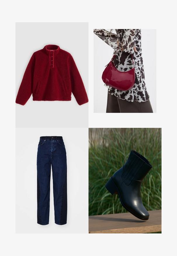Rode fleece pullover met een hoge kraag en een vierknopsbies, voorzien van twee zijzakken en een zachte, textuurrijke oppervlakte.; Donkerblauwe denim jeans met een relaxed fit, voorzien van een contrasterend donkerder zijpaneel, vijf zakken en een knoopsluiting.; Zwarte leren enkellaars met een afgeronde neus en een bescheiden hak. Heeft verticale naden aan de zijkant, een gladde textuur en een gestroomlijnde silhouet.; Vrouw met een zwart-wit gebloemde blouse houdt een glanzende rode schoudertas vast tegen een effen achtergrond.