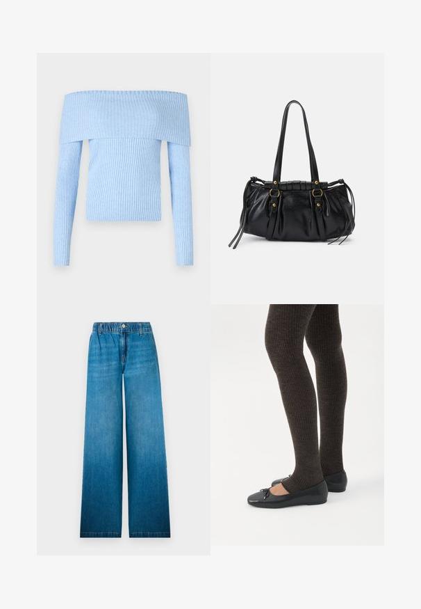 Lichtblauwe, ribbelgebreide off-the-shoulder trui met lange mouwen en een aansluitend ontwerp. Het materiaal lijkt zacht met een consistente textuur.; Wijdere jeans van lichtblauwe denim, met een elastische tailleband, een knoopsluiting en een recht gesneden ontwerp met een vervaagd effect.; Benen met donkere geribbelde leggings gecombineerd met zwarte ballerina's met kleine strikdetails op een witte achtergrond.; Zwarte leren handtas met een afgeronde vorm, dubbele handvatten, decoratieve hardware accenten en details met zijstrikken. Smooth, glanzende textuur.