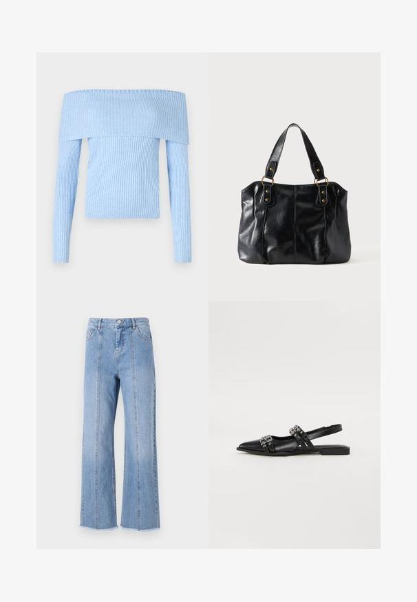 Lichtblauwe, ribbelgebreide off-the-shoulder trui met lange mouwen en een aansluitend ontwerp. Het materiaal lijkt zacht met een consistente textuur.; Lichtblauwe denim wijdlopende jeans met een hoge taille, voornaad en onbewerkte zoom. Voorzien van een klassieke knoop- en ritsluiting in de taille.; Even&Odd by Zalando Slingback ballerina´s - black; Zwarte leren schoudertas met dubbele bandjes bevestigd met gouden ringen en klinknagels, glad en licht glanzend oppervlak, eenvoudig ontwerp.