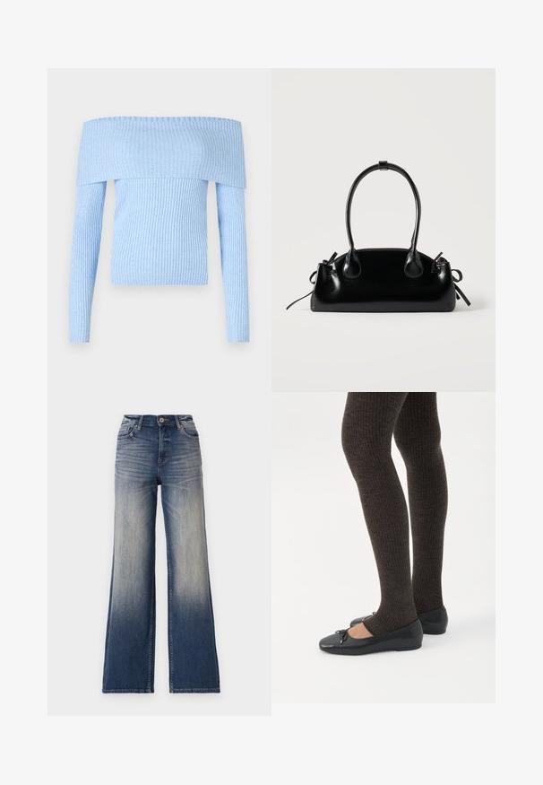 Lichtblauwe, ribbelgebreide off-the-shoulder trui met lange mouwen en een aansluitend ontwerp. Het materiaal lijkt zacht met een consistente textuur.; Hoge taille wijde jeans in licht tot donkerm blauw denim met vervaging, met een knoopsluiting en riemlussen. Schoon gefinishte zoom en geen zichtbare versieringen.; Benen met donkere geribbelde leggings gecombineerd met zwarte ballerina's met kleine strikdetails op een witte achtergrond.; Kleine zwarte glanzende handtas met twee lange hengsels en zijkant trekkoord details op een effen lichte achtergrond.
