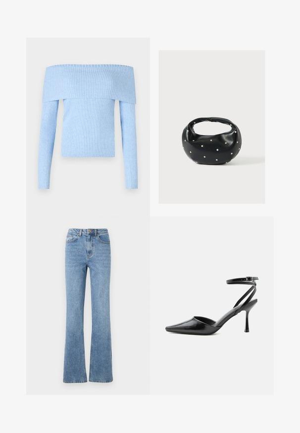 Lichtblauwe, ribbelgebreide off-the-shoulder trui met lange mouwen en een aansluitend ontwerp. Het materiaal lijkt zacht met een consistente textuur.; Lichtblauwe denim jeans met een flare-pasvorm, hoge taille en minimale hardware. Kenmerken zijn de klassieke vijfzak-stijl en subtiele stiksels.; Zwarte pumps met puntige neus, dunne enkelbandjes en een zilveren gesp op een effen lichte achtergrond.; Zwarte leren handtas met een afgeronde vorm, versierd met zilveren studs, en een korte handgreep. Gladde textuur en ritsluiting.