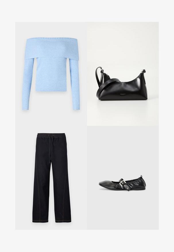 Pull en tricot côtelé bleu clair, décolleté épaule dénudée, avec des manches longues et une coupe ajustée. Le matériau semble doux avec une texture uniforme.; Pantalon en denim foncé à jambes larges, doté d'une taille élastique avec cordon de serrage, de coutures orange contrastantes et de lignes droites et épurées.; Chaussure plate en cuir noir avec un nez pointu, des détails froncés autour de l'ouverture et un accent en boucle argentée sur la bride ajustable.; Sac à main en cuir noir avec une texture lisse. Dispose d'une bandoulière adjustable et d'un design élégant et minimaliste avec une fermeture éclair.
