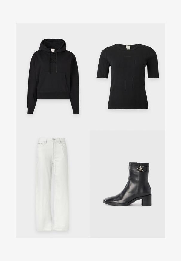 Μαύρο cropped hoodie φτιαγμένο από μαλακό ύφασμα, διαθέτει μπροστινή τσέπη καγκουρό, κουκούλα με κορδόνι, και μια διακριτική κεντητή λογότυπο στο στήθος.; Μαύρο ριμπ μπλουζάκι με κοντά μανίκια Calvin Klein, με στρογγυλή λαιμόκοψη και διακριτικό κεντημένο λογότυπο στο στήθος, σε μονόχρωμο φόντο.; Άσπρο τζιν με ίσια γραμμή, διαθέτει τσέπες μπροστά και πίσω, θηλιές για ζωνάκι, κούμπωμα με κουμπί και εμφανείς ραφές.; Μαύρη δερμάτινη μπότες μέχρι τον αστράγαλο με μυτερή μύτη, τετράγωνη φτέρνα και λουρί με μεταλλικό λογότυπο. Λείος υφή και μίνιμαλ σχέδιο.