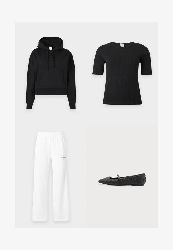 Μαύρο cropped hoodie φτιαγμένο από μαλακό ύφασμα, διαθέτει μπροστινή τσέπη καγκουρό, κουκούλα με κορδόνι, και μια διακριτική κεντητή λογότυπο στο στήθος.; Μαύρο ριμπ μπλουζάκι με κοντά μανίκια Calvin Klein, με στρογγυλή λαιμόκοψη και διακριτικό κεντημένο λογότυπο στο στήθος, σε μονόχρωμο φόντο.; Λευκή φόρμα με ελαστική μέση και το λογότυπο Calvin Klein στο επάνω αριστερό μέρος του μηρού, απεικονισμένη σε ουδέτερο φόντο.; Μαύρο μυτερό επίπεδο παπούτσι με γεωμετρικά σχέδια και λεπτό λουράκι στο επάνω μέρος σε απλό φόντο.