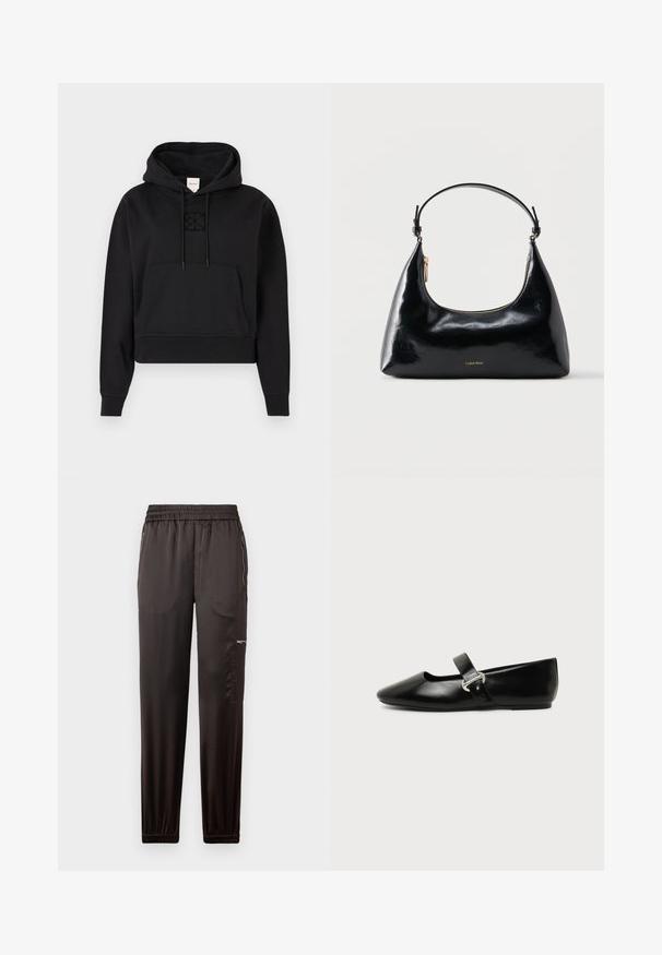 Haut hoodie noir court en tissu doux, avec une poche kangourou à l'avant, une capuche à cordon de serrage et un logo brodé discret sur la poitrine.; Pantalons de sport noirs en tissu lisse, avec une taille élastique, des jambes fuselées et des poches latérales zippées.; Chaussure plate Mary Jane en cuir noir avec bout arrondi et bride à boucle argentée sur fond uni.; Sac à main Calvin Klein noir brillant avec fermeture éclair dorée et anse courte sur fond blanc uni.