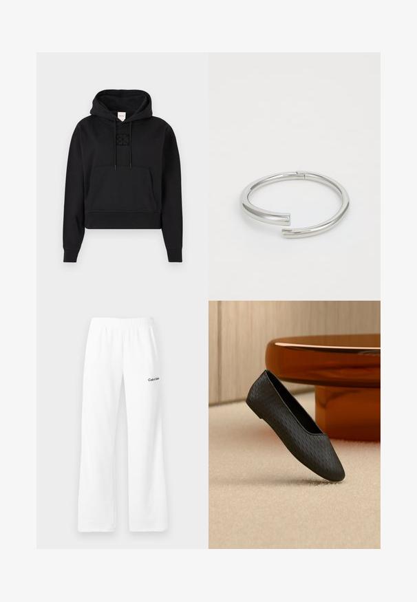 Μαύρο cropped hoodie φτιαγμένο από μαλακό ύφασμα, διαθέτει μπροστινή τσέπη καγκουρό, κουκούλα με κορδόνι, και μια διακριτική κεντητή λογότυπο στο στήθος.; Λευκή φόρμα με ελαστική μέση και το λογότυπο Calvin Klein στο επάνω αριστερό μέρος του μηρού, απεικονισμένη σε ουδέτερο φόντο.; Μαύρο υφασμάτινο παπούτσι τύπου slip-on που αιωρείται πάνω από μπεζ χαλί κοντά σε στρογγυλή βάση τραπεζιού κεχριμπαρένιου χρώματος.; Calvin Klein SPIRAL - Βραχιόλι - silver-coloured