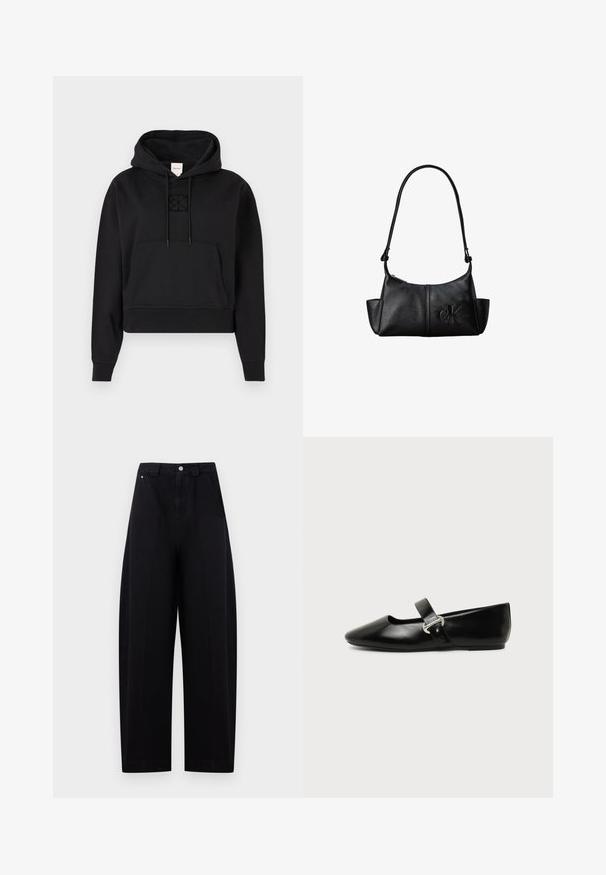 Μαύρο cropped hoodie φτιαγμένο από μαλακό ύφασμα, διαθέτει μπροστινή τσέπη καγκουρό, κουκούλα με κορδόνι, και μια διακριτική κεντητή λογότυπο στο στήθος.; Μαύρο παντελόνι με φαρδιά μπατζάκια και ψηλή μέση, με κλείσιμο μπροστά με κουμπί και φερμουάρ, πλαϊνές τσέπες και θηλιές για ζώνη σε φωτεινό φόντο.; Μαύρο δερμάτινο παπούτσι Mary Jane με επίπεδη σόλα, στρογγυλεμένη μύτη και ασημένια αγκράφα σε απλό φόντο.; Μαύρη δερμάτινη τσάντα ώμου με μακρύ λουράκι, πλαϊνές θήκες και ανάγλυφο λογότυπο Calvin Klein στο μπροστινό μέρος.