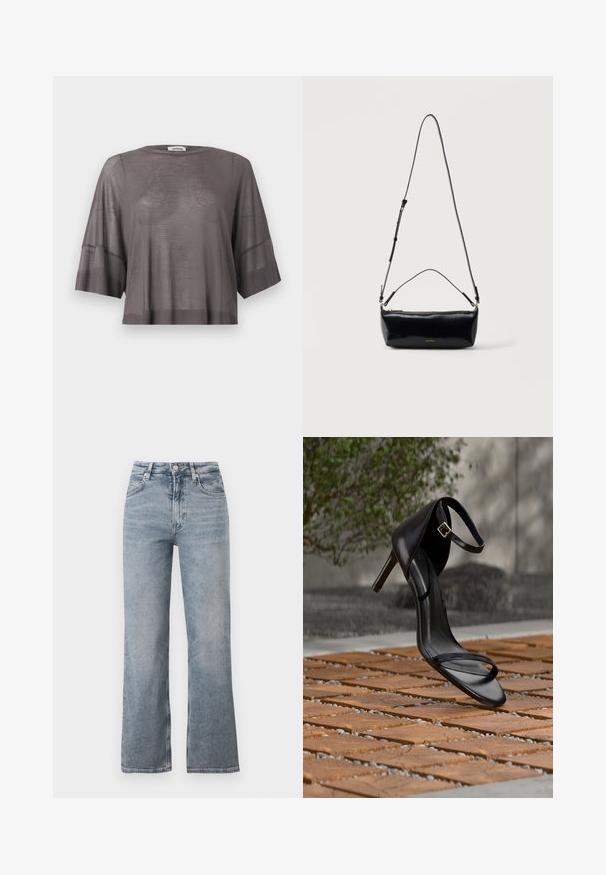 T-shirt en maille grise semi-transparente, coupe ample, manches courtes, poignets et ourlet côtelés, col rond et détail subtil de couture en forme de V.; Jean bleu clair taille haute à jambe droite avec bouton frontal, fermeture éclair et design classique à cinq poches.; Sandale noire à talon haut avec sangle à la cheville, suspendue au-dessus d'un sol en carreaux de bois à l'extérieur, avec un arrière-plan flou de verdure et de pierre.; Sac bandoulière rectangulaire en cuir noir avec bandoulière ajustable, fermeture éclair sur le dessus et petit logo Calvin Klein doré sur le devant.