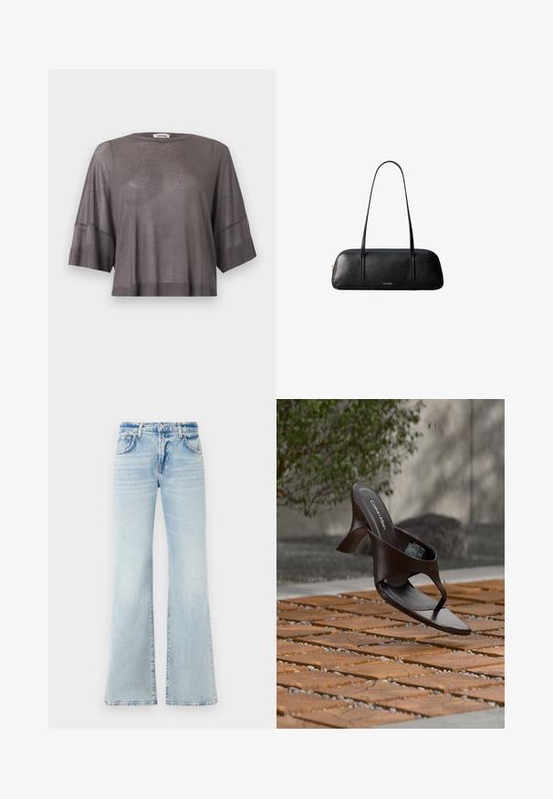 T-shirt en maille grise semi-transparente, coupe ample, manches courtes, poignets et ourlet côtelés, col rond et détail subtil de couture en forme de V.; Jean en denim bleu clair évasé avec une texture douce, cinq poches et une fermeture à bouton. Présente une décoloration pour un effet usé.; Sandale à talon marron Calvin Klein suspendue au-dessus d'un sol extérieur en dalles de bois et gravier avec un arrière-plan flou de verdure et de pierres.; Sac à main rectangulaire en cuir noir avec de longues lanières fines et un logo doré "Calvin Klein" au centre avant.