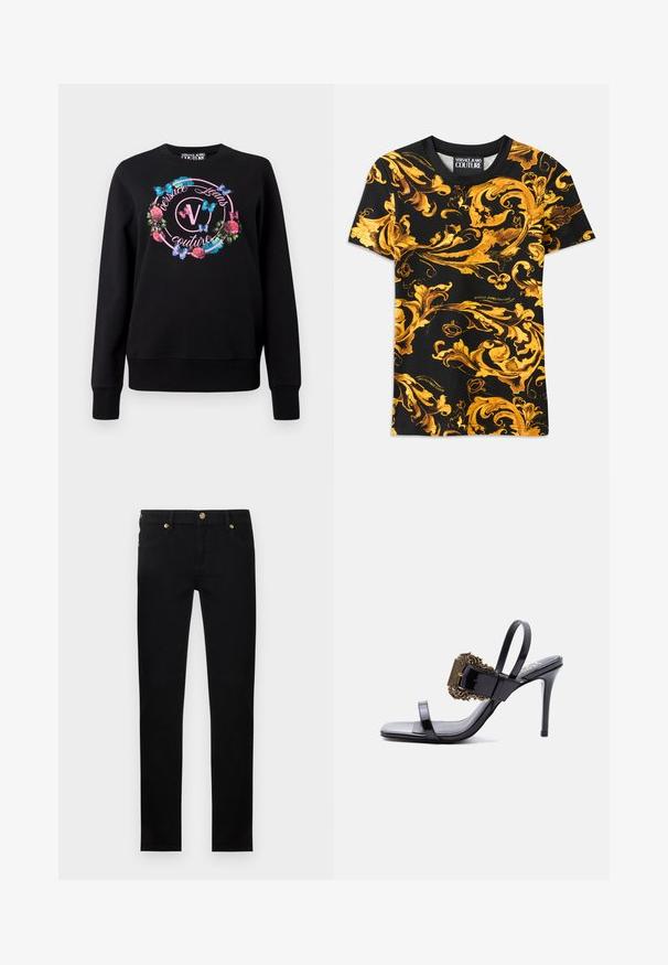 Sudadera negra con un diseño gráfico de flores y mariposas, con un logo en el centro. Los puños y el dobladillo acanalados aportan estructura.; Camiseta negra con intrincado patrón barroco dorado, que presenta diseños en espiral. Tela de algodón, mangas cortas y detalle del logo en el dobladillo.; Jeans negros de corte ajustado con detalles de botones y remaches dorados, bolsillos delanteros y trabillas para cinturón sobre un fondo liso claro.; Sandalia de tacón alto de charol negro con tiras delgadas y una gran hebilla dorada ornamentada en la tira frontal.