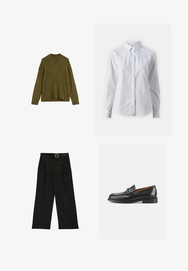 Jersey de color oliva con un cuello redondo acanalado, hombros caídos y un corte holgado. El dobladillo es ligeramente más largo en la parte posterior.; Camisa blanca de botones hecha de algodón suave, con un cuello clásico, mangas largas y un dobladillo curvado. Los botones son pequeños y blancos.; Pantalones negros de pierna ancha con pliegues delanteros y un cinturón a juego con una hebilla cuadrada dorada, mostrados sobre un fondo blanco.; Mocasines de cuero negro con un diseño bordado, con un detalle de doble hebilla y un tacón ligeramente elevado para añadir altura.