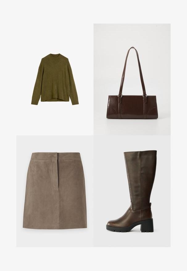 Pull en tricot vert olive avec un col rond côtelé, des épaules tombantes et une coupe ample. L'ourlet est légèrement plus long à l'arrière.; Jupe en suede taupe, longueur genou, avec une coupe droite et un détail de couture dissimulé à l'avant, sur fond uni.; Bottine en cuir marron jusqu'au genou avec un talon épais noir et une finition texturée. Présente un bout rond et des détails de couture latérale subtils.; Sac à main en cuir verni marron de forme rectangulaire, avec deux longues poignées et des accents courbés subtils à l'avant.