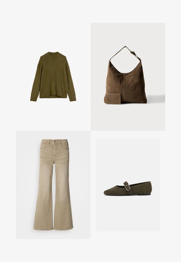 Olivengrøn strikketrøje med ribbet rund hals, drop shoulder-ærmer og en løs pasform. Kantene er lidt længere bagtil.; Beige wide-leg jeans i holdbart bomuldsdenim, med knaplukning, fem-lommekonstruktion og subtil syning langs sømmene.; Æblegrøn ruskind Mary Jane flad sko med sølvspænde og rundet tå, vist på en hvid baggrund.; Brun ruskind skuldertaske med justerbar rem og matchende lille lynlåslomme placeret foran på ensfarvet baggrund.