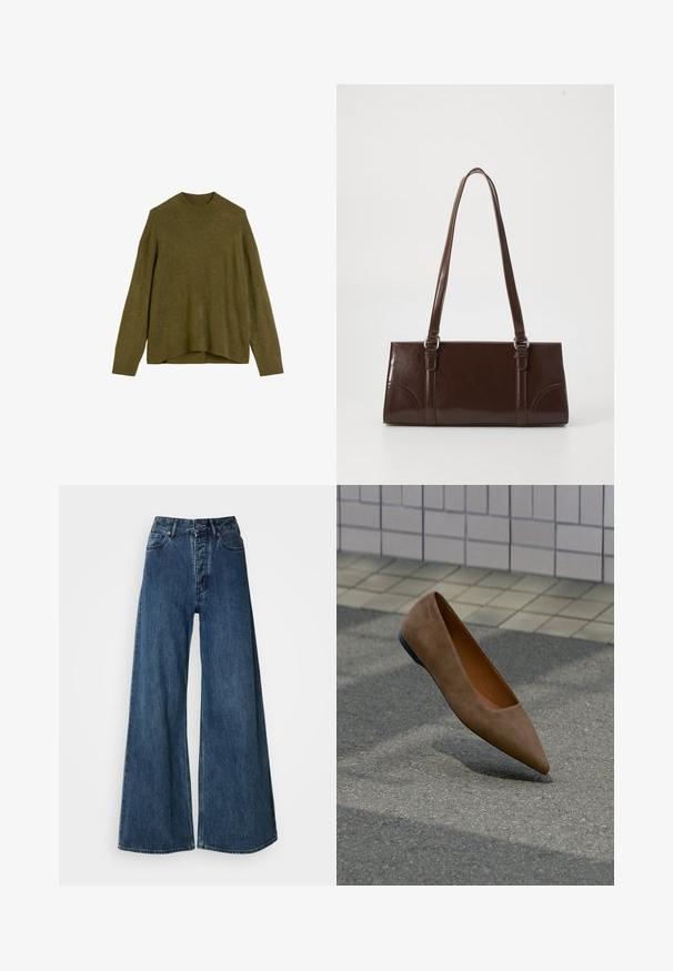 Olivengrøn strikketrøje med ribbet rund hals, drop shoulder-ærmer og en løs pasform. Kantene er lidt længere bagtil.; Bredde bukser i denim i mørkeblå, med høj talje, fem-lomme design og kontrasterende syninger. Klassisk, holdbart stof.; Brun ruskindspids-tåsko flad svævende over asfalt med flisebelagt væg og fortov i baggrunden.; Brun lakeret håndtaske med rektangulær form, to lange håndtag og subtile buede detaljer på fronten.