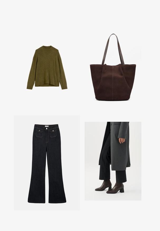 Olivengrøn strikketrøje med ribbet rund hals, drop shoulder-ærmer og en løs pasform. Kantene er lidt længere bagtil.; Sorte denim jeans med høj talje, flared ben, to frontlommer og orange syninger. Materialet ser solidt og glat ud.; Højhælede ankelstøvler i mørkebrunt læder med spids tå og blokhæl, parret med sorte bukser og en grå frakke.; Brun suedetote med to strukturerede læderhåndtag. Har et enkelt, åbent design og diskret syning langs den forreste søm.