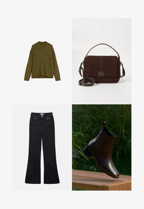 Olijfgroen gebreid truitje met een geribbelde ronde hals, afhangende schouders en een losse pasvorm. De zoom is aan de achterkant iets langer.; Flared donkerdenim jeans met een hoge taille, twee voorzakken en oranje stiksels. Het materiaal lijkt stevig en glad.; Donkerbruine leren enkellaars met lage hak en treklus, zwevend boven een houten bankje met groene planten op de achtergrond.; Bruine suède schoudertas met een platte voorflap, bruine leren accenten, een verstelbare schouderriem en een minimalistisch ontwerp.