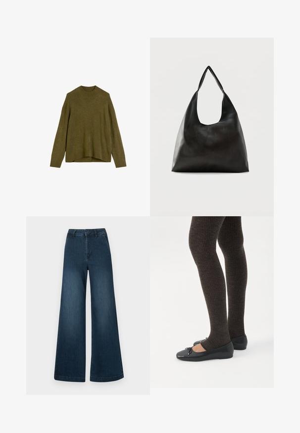 Olivengrøn strikketrøje med ribbet rund hals, drop shoulder-ærmer og en løs pasform. Kantene er lidt længere bagtil.; Mørkeblå høj talje brede ben denim jeans med forlommer og bæltestropper på en hvid baggrund.; Ben iført mørke ribbede leggings kombineret med sorte balletsko med små sløjfedetaljer på hvid baggrund.; Sort skuldertaske i glat læder med en bred, enkelt strop og et afslappet, minimalistisk design mod en ensfarvet baggrund.
