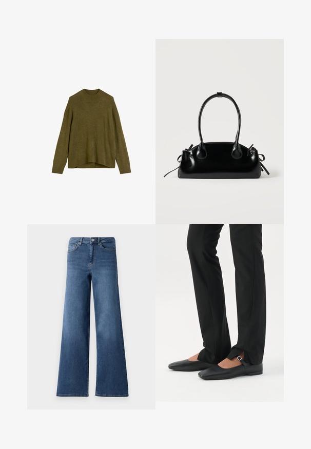 Olijfgroen gebreid truitje met een geribbelde ronde hals, afhangende schouders en een losse pasvorm. De zoom is aan de achterkant iets langer.; Bredere blauwe denim jeans met een standaard tailleband, steekzakken en een gladde textuur. Geen zichtbare patronen of versieringen.; Benen met zwarte smalle broek met voorsplitten aan de zoom, gecombineerd met zwarte platte Mary Jane-schoenen met een klein gespje.; Kleine zwarte glanzende handtas met twee lange hengsels en zijkant trekkoord details op een effen lichte achtergrond.