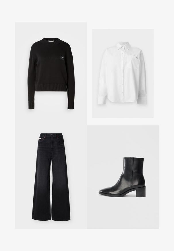 Sort strikket sweater med rund hals, ribbede manchetter og kant. Har et lille firkantet logo-patch på venstre bryst. Casual fit.; Hvid langærmet skjorte med knapper, spids krave og forlomme med lille sort "CK" logo på venstre bryst.; Sorte jeans med vide ben, høj talje, forreste knap og lynlås, bæltestropper og femlommedesign.; Sorte læderankelstøvle med spids tå, lav blokhæl og subtilt præget logo. Glat tekstur med et elegant design og minimal søm.