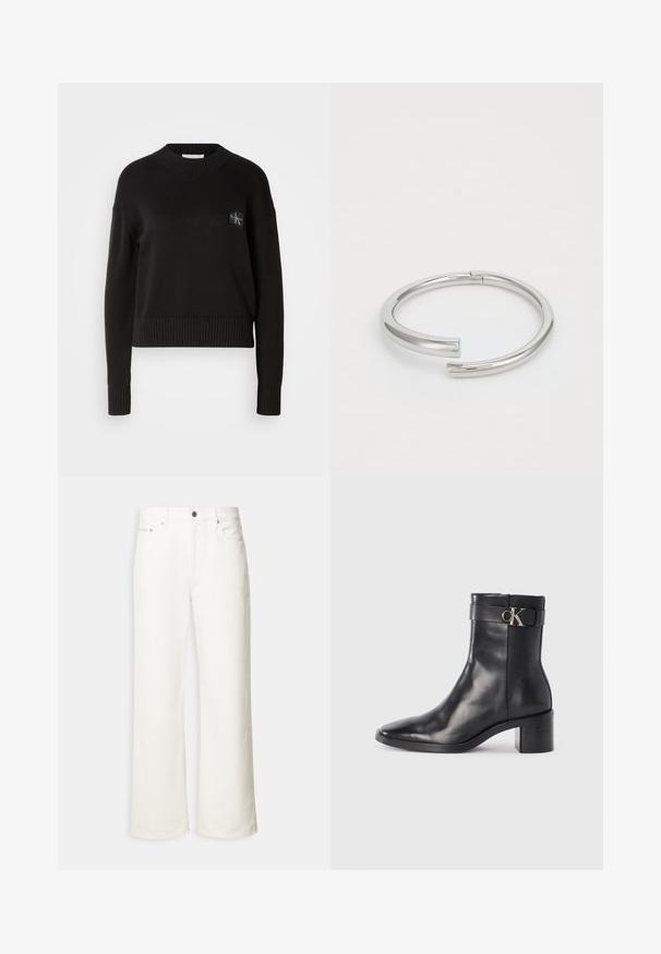 Sort strikket sweater med rund hals, ribbede manchetter og kant. Har et lille firkantet logo-patch på venstre bryst. Casual fit.; Hvide jeans med vide ben, foran med knap, bæltestropper og fem-lomme design.; Sort læder ankelstøvle med spids tå, blokhæl og en rem med en metallisk logo detalje. Glat tekstur og minimalistisk design.; Calvin Klein SPIRAL - Armbånd - silver-coloured