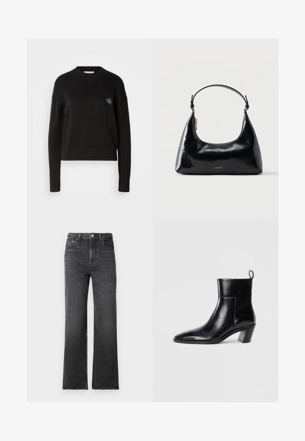 Sort strikket sweater med rund hals, ribbede manchetter og kant. Har et lille firkantet logo-patch på venstre bryst. Casual fit.; Sorte brede jeans lavet af denim med en falmet tekstur. Har knaplukning og forlommer. Ren afslutning med minimal detaljer.; Sort læder ankelstøvle med spids tå, geometrisk stablet hæl og en løftestrop bagpå. Glat tekstur og slankt design.; Sort blank Calvin Klein håndtaske med gyldent lynlås og kort rem mod en ensfarvet hvid baggrund.