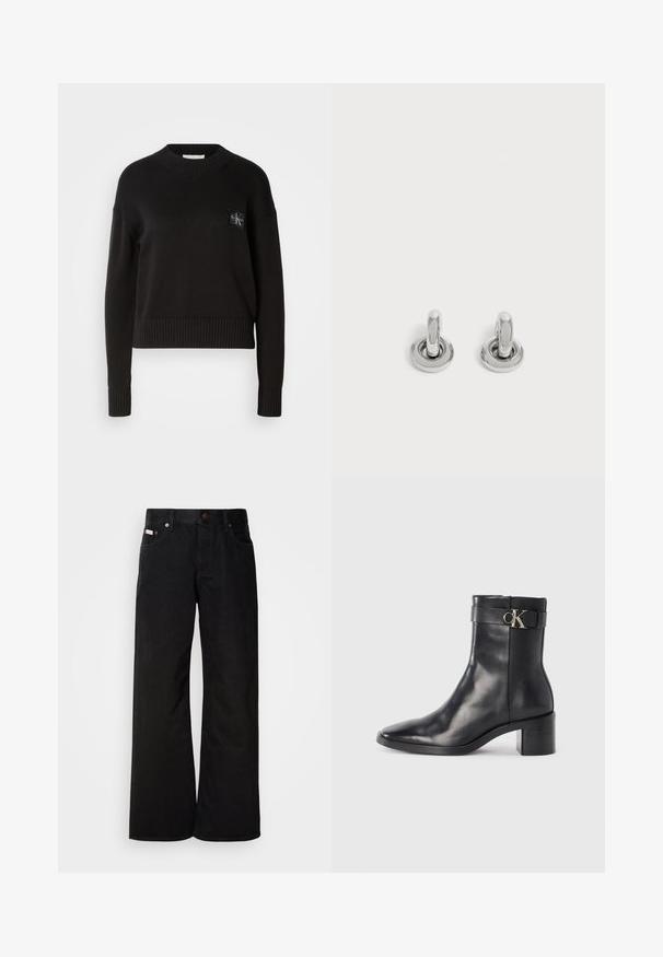 Pull en tricot noir avec un col rond, des poignets et un ourlet côtelés. Présente un petit patch logo carré sur la poitrine gauche. Coupe décontractée.; Jean large noir en coton. Présente des poches avant, une fermeture à bouton, et une texture denim classique. Design minimaliste sans motifs.; Botte de cheville en cuir noir avec un bout pointu, un talon carré et une sangle avec un détail de logo métallique. Texture lisse et design minimaliste.; Paire de petites boucles d'oreilles créoles argentées brillantes avec une base ronde, présentées sur un fond clair uni.
