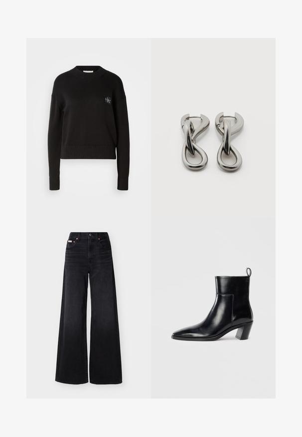 Zwart gebreid vest met een ronde hals, geribbelde mouwen en zoom. Heeft een klein vierkant logo-opdruk op de linkerborst. Casual fit.; Zwarte wijde jeans met hoge taille, knoop- en ritssluiting aan de voorkant, lussen voor een riem en een ontwerp met vijf zakken.; Zwarte leren enkelboot met een spitse neus, een geometrische gestapelde hak en een trekband aan de achterkant. Gladde textuur en slank ontwerp.; Set zilverkleurige metalen oorbellen met een abstract ontwerp van in elkaar grijpende lussen op een witte achtergrond.