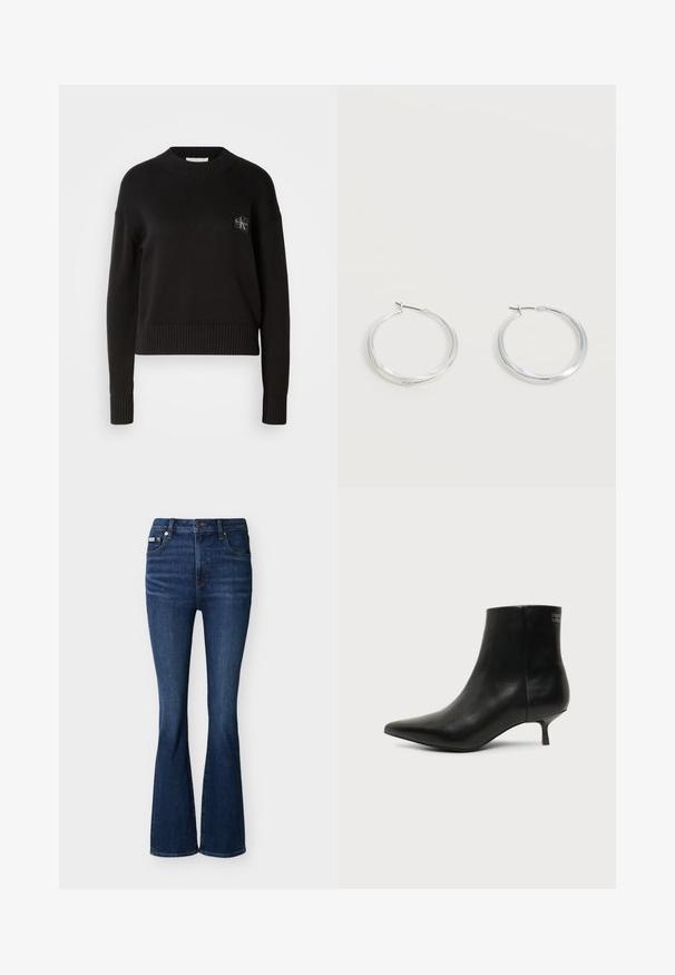 Sort strikket sweater med rund hals, ribbede manchetter og kant. Har et lille firkantet logo-patch på venstre bryst. Casual fit.; Mørkeblå jeans med høj talje, let udvidede forneden, knaplukning foran, lynlås og lommer både foran og bagpå.; Sort læder ankelstøvle med spids tå og lav kitten hæl på lys baggrund, der viser yderside.; Sølvfarvede metaloorringe med glat, let buet overflade og låsemekanisme på en ensfarvet hvid baggrund.