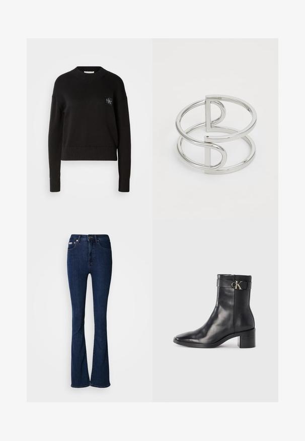 Suéter de punto negro con cuello redondo, puños acanalados y dobladillo. Presenta un pequeño parche de logo cuadrado en el lado izquierdo del pecho. Corte casual.; Jeans acampanados de mezclilla en azul oscuro con tiro alto, que cuentan con cierre de cremallera, botón de cierre y detalles sutiles de costura.; Bota de tobillo de cuero negra con punta afilada, tacón cuadrado y una correa con un detalle de logo metálico. Textura suave y diseño minimalista.; Brazalete de metal plateado con un diseño de doble lazo, acabado liso y brillante, y un acento geométrico minimalista.