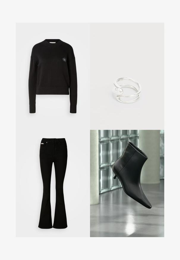 Suéter de punto negro con cuello redondo, puños acanalados y dobladillo. Presenta un pequeño parche de logo cuadrado en el lado izquierdo del pecho. Corte casual.; Jeans negros acampanados con una cintura ajustada, hechos de denim suave. Presenta dos bolsillos frontales y un cierre clásico de botón y cremallera.; Botín negro de cuero con punta puntiaguda y tacón bajo estilo kitten, mostrado en ángulo sobre un suelo pulido y con una pared de bloques de vidrio de fondo.; Anillo de metal plateado con un diseño retorcido y un acabado suave. El anillo presenta una forma abierta con un acento en espiral y una apariencia minimalista.