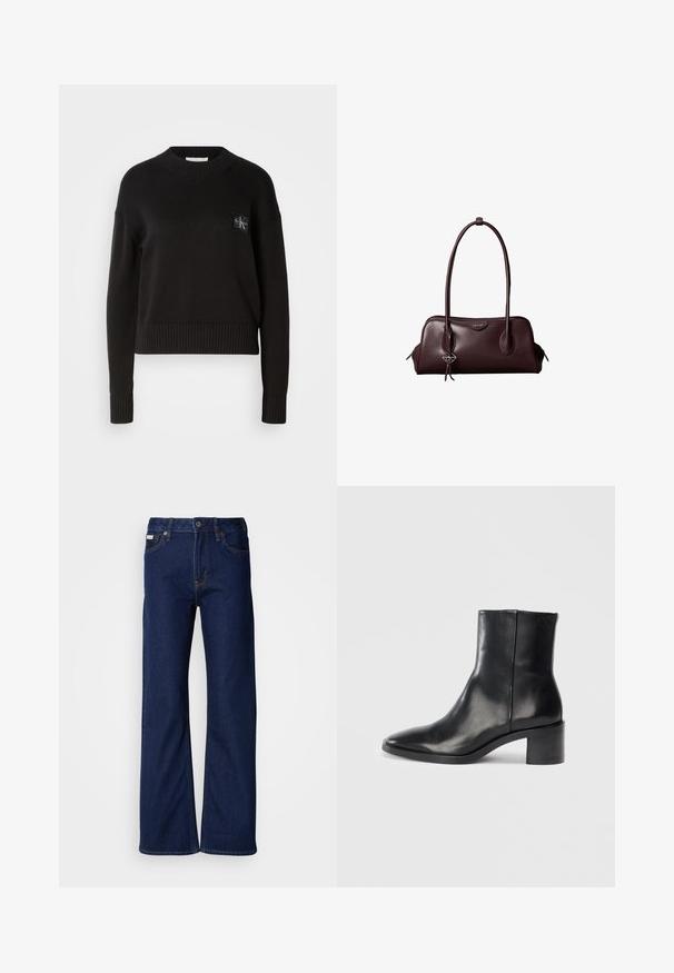 Sort strikket sweater med rund hals, ribbede manchetter og kant. Har et lille firkantet logo-patch på venstre bryst. Casual fit.; Mørkeblå denimjeans med vidbenet design, lige snit, fem lommer og lynlås foran. Syning detaljer langs sømmerne.; Sorte læderankelstøvle med spids tå, lav blokhæl og subtilt præget logo. Glat tekstur med et elegant design og minimal søm.; Mørkebrun lædertaske fra Calvin Klein med lange dobbelte håndtag og en lille logohængende ved det ene håndtag.