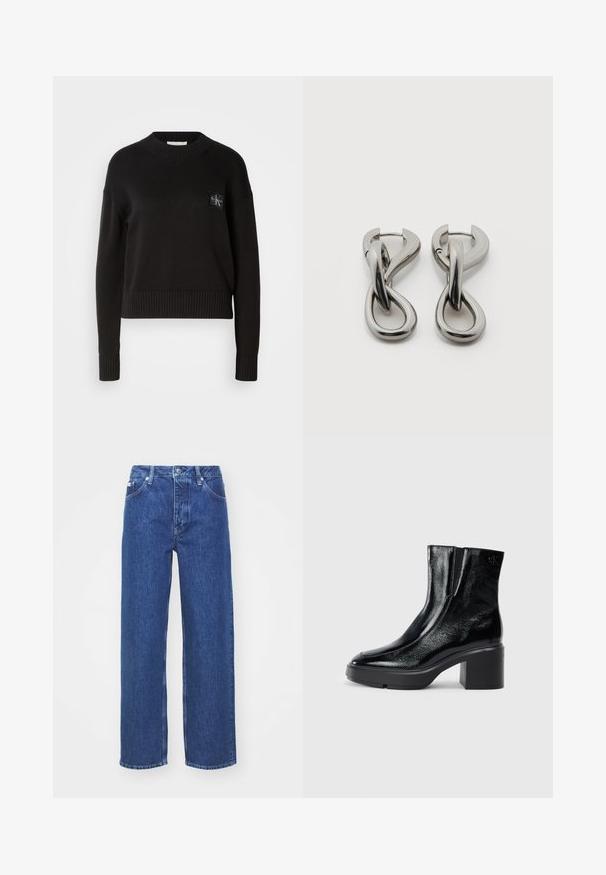 Sort strikket sweater med rund hals, ribbede manchetter og kant. Har et lille firkantet logo-patch på venstre bryst. Casual fit.; Blå denim bred-benede jeans med høj talje, med lynlås og knaplukning, bæltestropper og subtilt falmet detaljer på stoffet.; Sorte patenterede læderankelstøvler med en buet tå, elastiske sidepaneler og en kraftig blokhæl. Har et præget logo på bagsiden.; Par af sølvtonede metale øreringe med abstrakt sammenflettet løbedesign på hvid baggrund.
