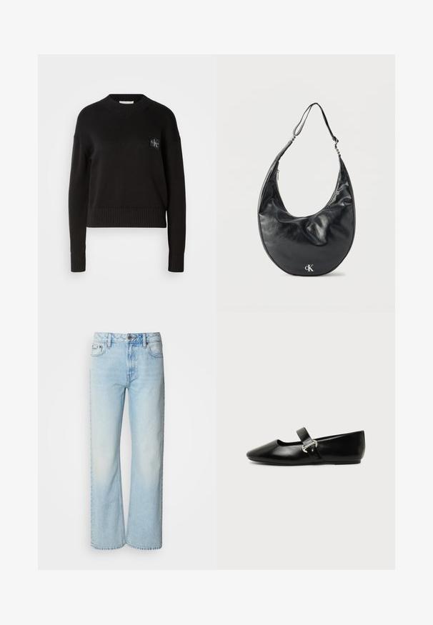 Suéter de punto negro con cuello redondo, puños acanalados y dobladillo. Presenta un pequeño parche de logo cuadrado en el lado izquierdo del pecho. Corte casual.; Vaqueros de pierna ancha azul claro confeccionados en denim, con un diseño clásico de cinco bolsillos y una sutil textura deslavada. La costura del denim es visible.; Zapato plano Mary Jane de cuero negro con punta redondeada y hebilla plateada sobre un fondo liso.; Bolso de cuero negro en forma de media luna con correa ajustable y logotipo plateado "cK" en el frente, sobre fondo blanco.